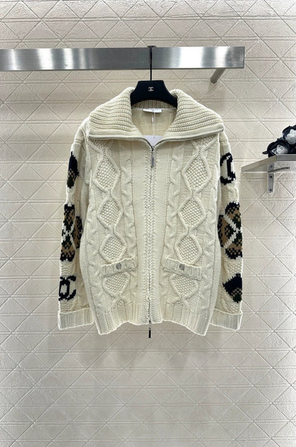 25fw Zipper hook flower knitted cardigan