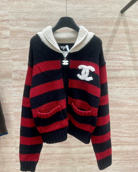 Red and black striped knitted cardigan
