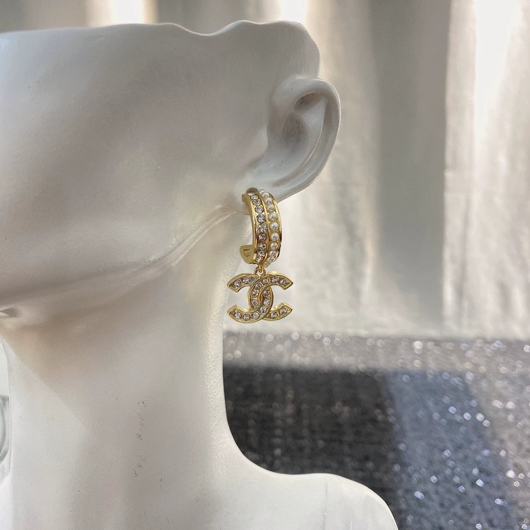 Double C pearl rhinestone earrings