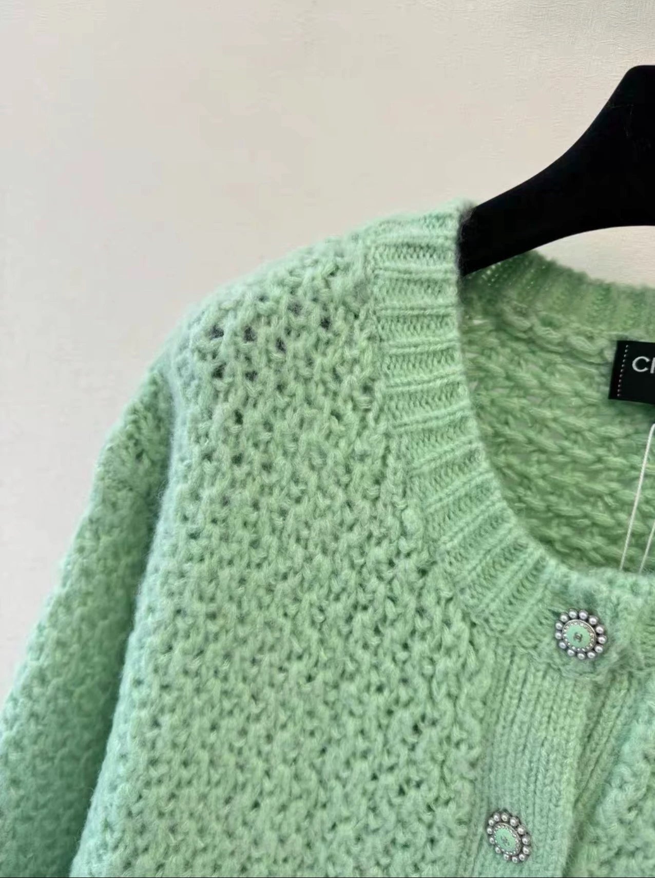 Mint green hollow knitted cardigan