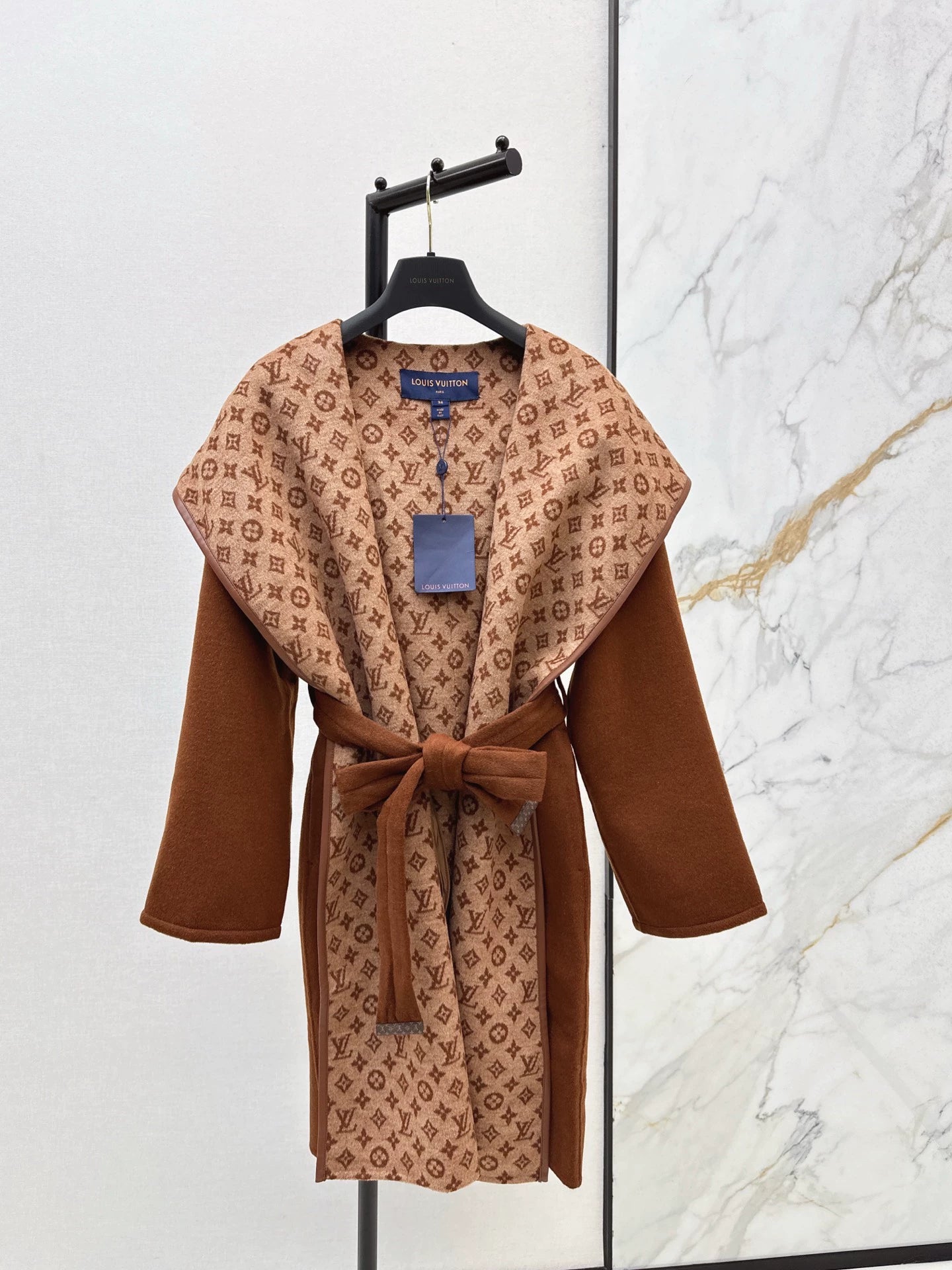 Double sided wearable classic wrap style long hooded coat