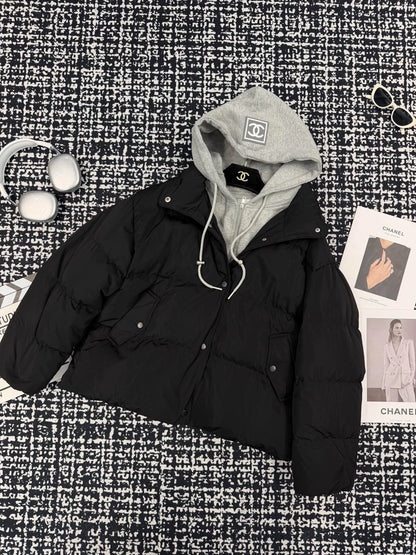 Fake two-piece spliced hoodie, hat, goose down suit