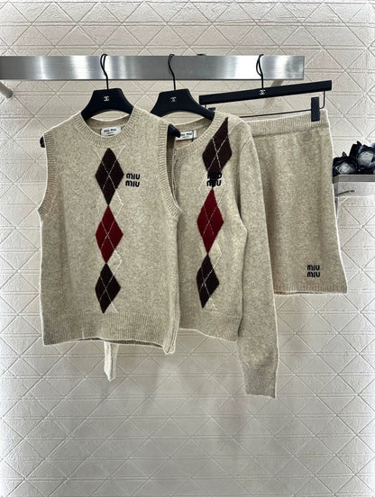 25fw Knitted cardigan vest short skirt three piece set