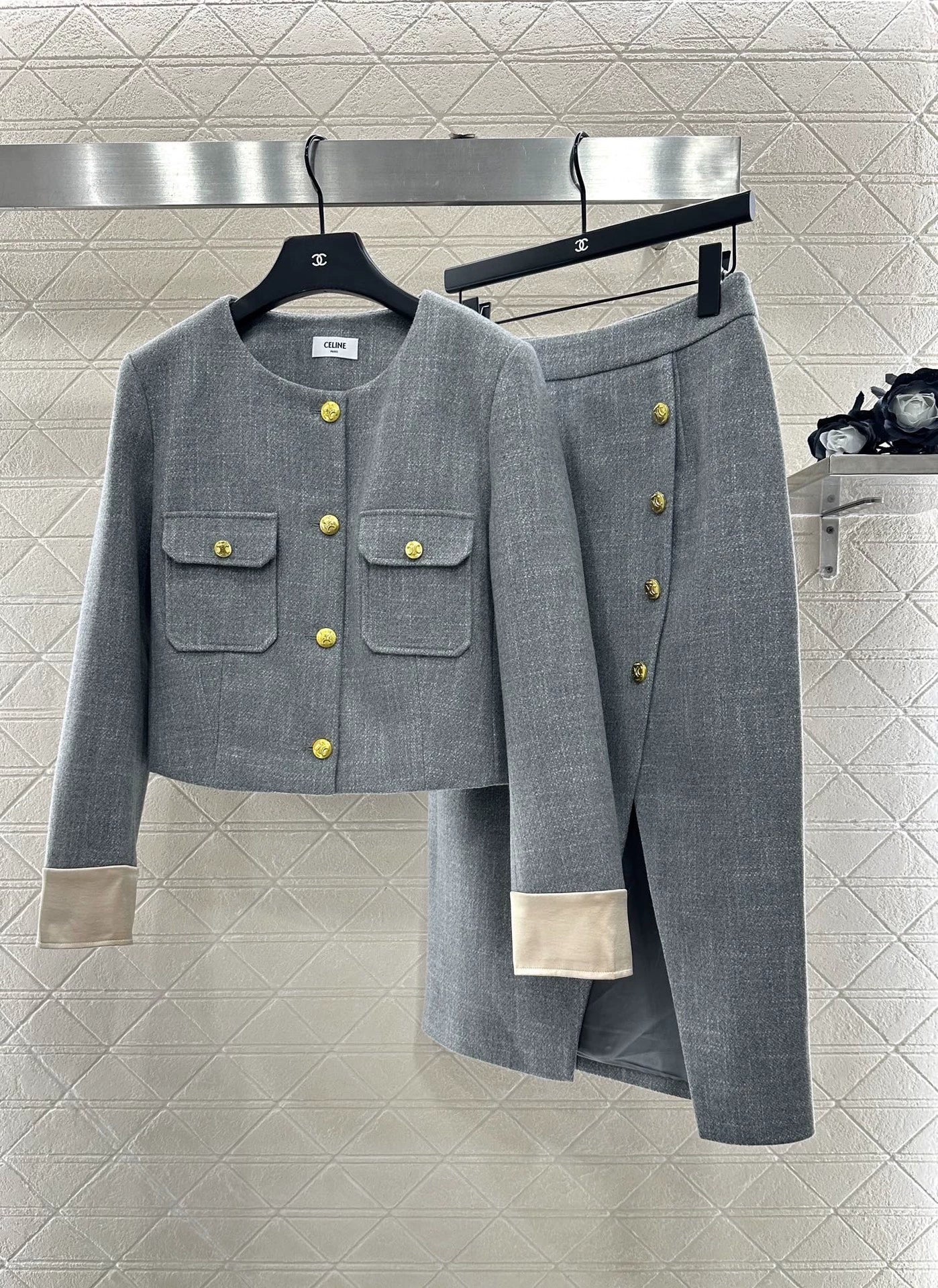 Round neck patchwork sleeve jacket half skirt set