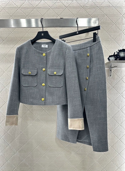 Round neck patchwork sleeve jacket half skirt set