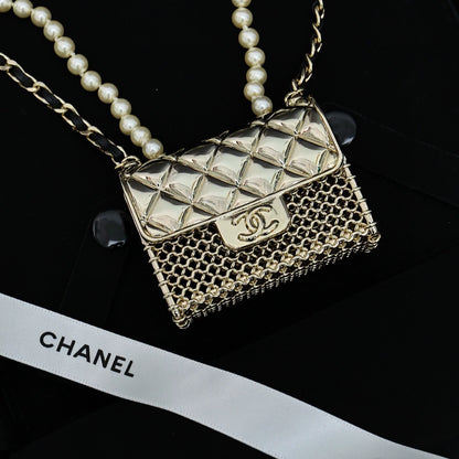 Double layer pearl crossbody metal bag