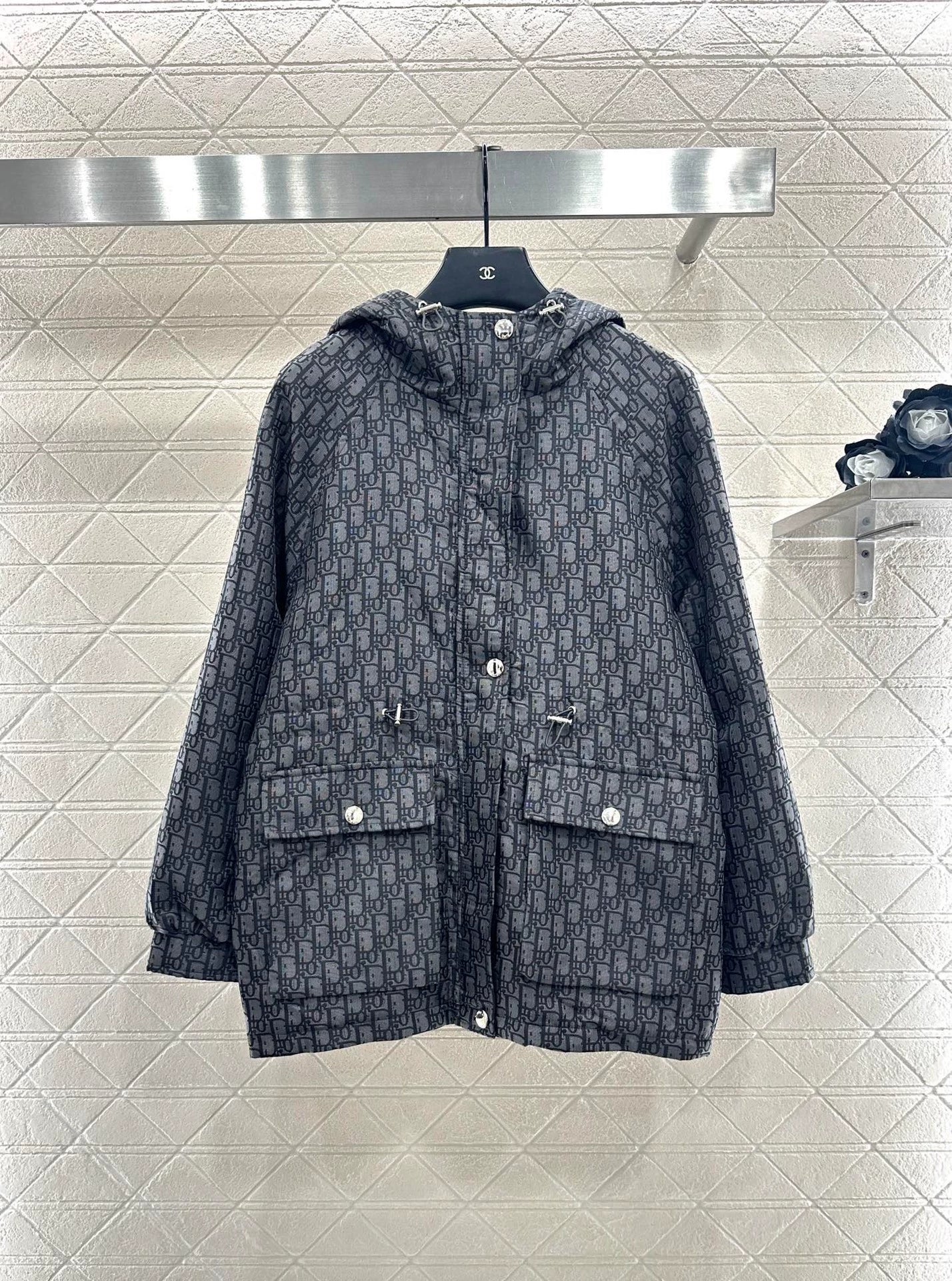 Hooded Jacquard Drawstring Waist Cotton Jacket