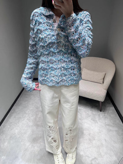 Wavy-patterned openwork knit cardigan