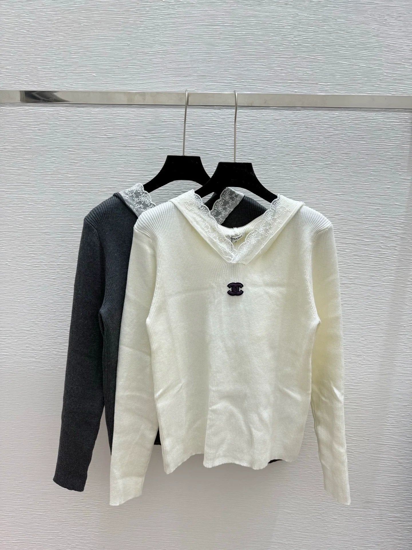 25fw Lace patchwork hooded knit sweater