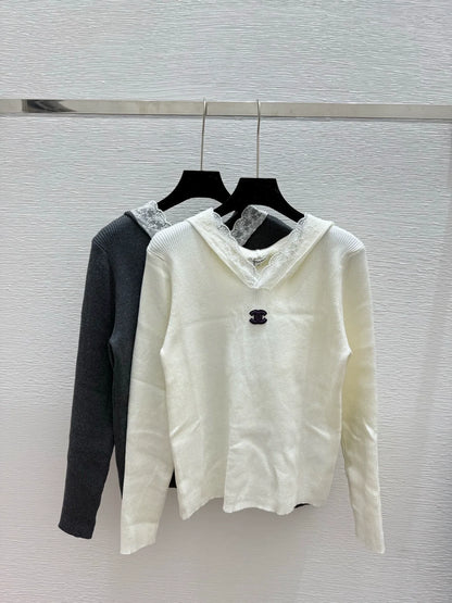 25fw Lace patchwork hooded knit sweater