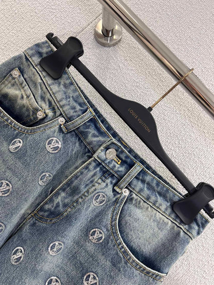 Monogram Sequin Wide-Leg Denim Pants