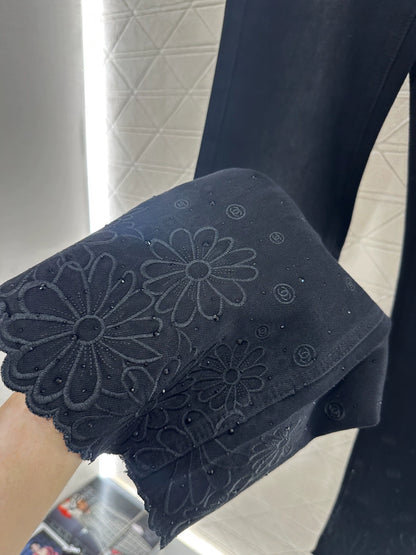 25fw Embroidered flower denim micro flared pants