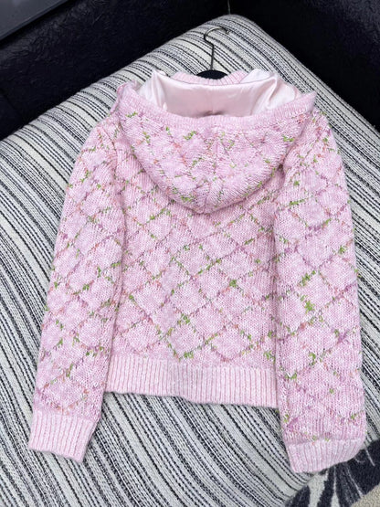 Detachable hat zipper long sleeved knitted jacket