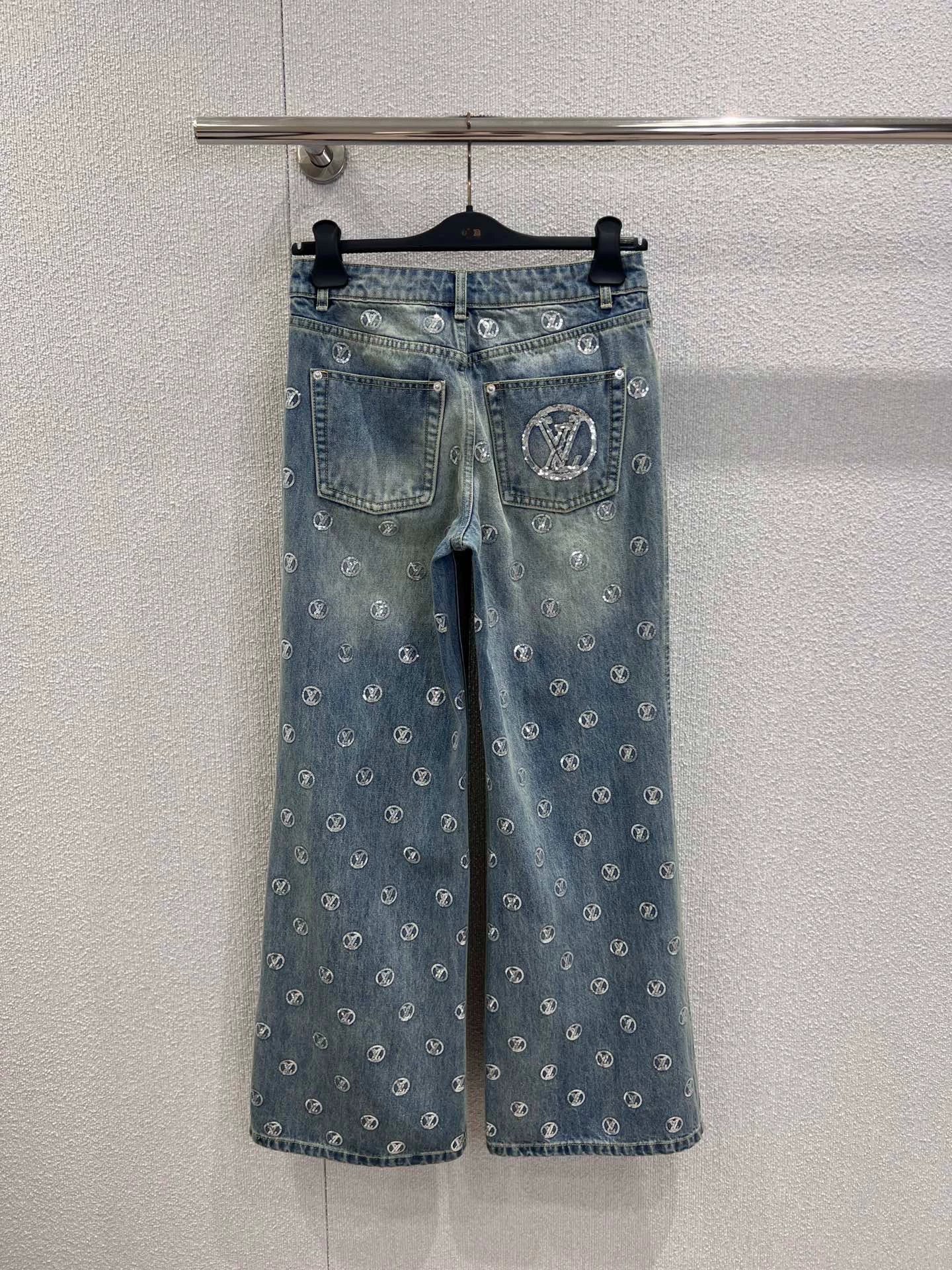 Monogram Sequin Wide-Leg Denim Pants
