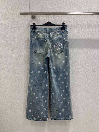 Monogram Sequin Wide-Leg Denim Pants