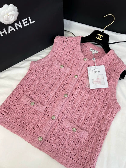 2025 Spring and Summer New Round Neck Crochet Pocket Knitted Sleeveless Vest