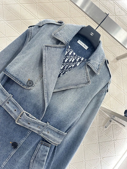 Printed denim mid length jacket