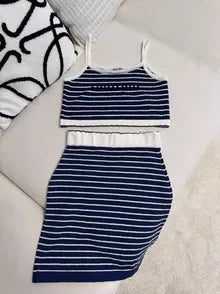 25 Summer new dark blue striped sweater suspender top + skirt set