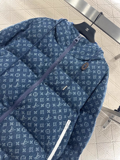 Hooded drawstring zipper denim down