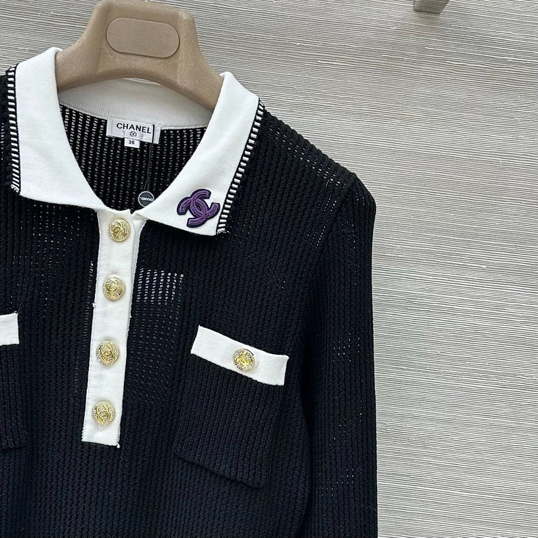 Embroidered mesh knitted long sleeved shirt