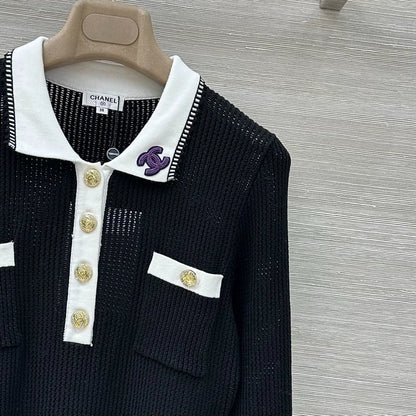 Embroidered mesh knitted long sleeved shirt