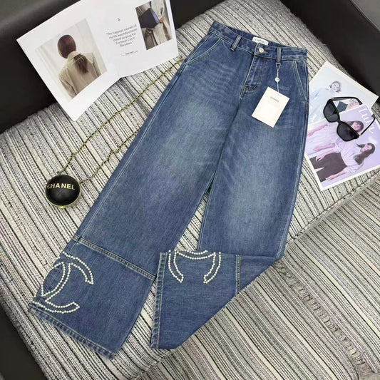 Nail bead denim straight leg pants