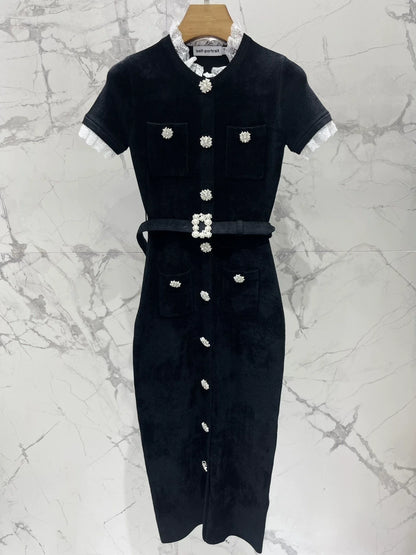 25fw Black diamond velvet chenille knit dress