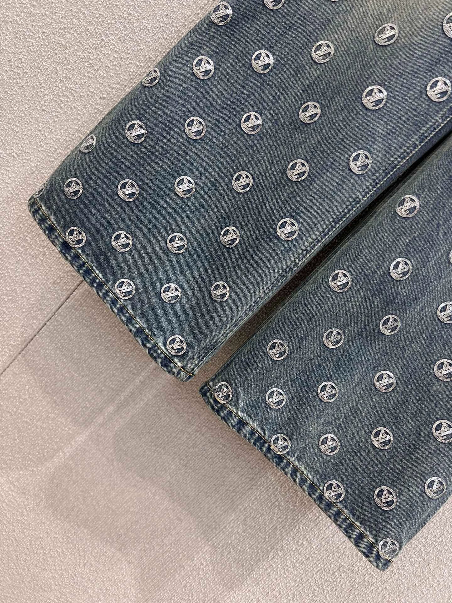 Monogram Sequin Wide-Leg Denim Pants