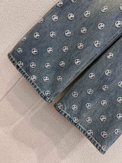 Monogram Sequin Wide-Leg Denim Pants