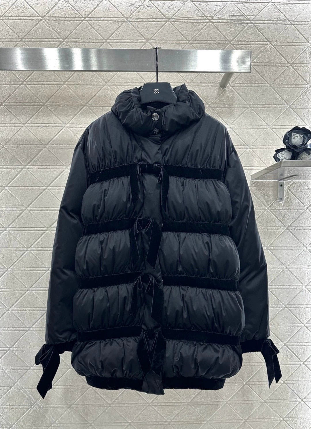 Velvet bow mid length down jacket