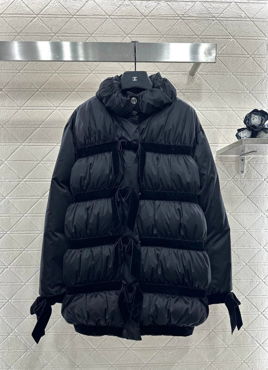Velvet bow mid length down jacket