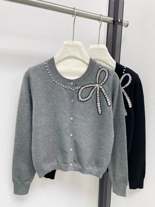 25fw Bow bright diamond knitted cardigan