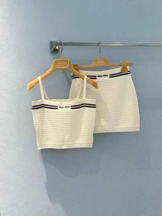 25 Summer new color matching ribbon pure cotton knitted suspender skirt suit