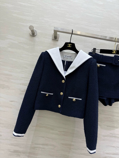 Navy collar tweed suit