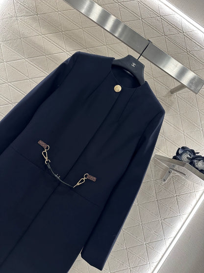 25fw Round neck leather chain buckle mid length jacket