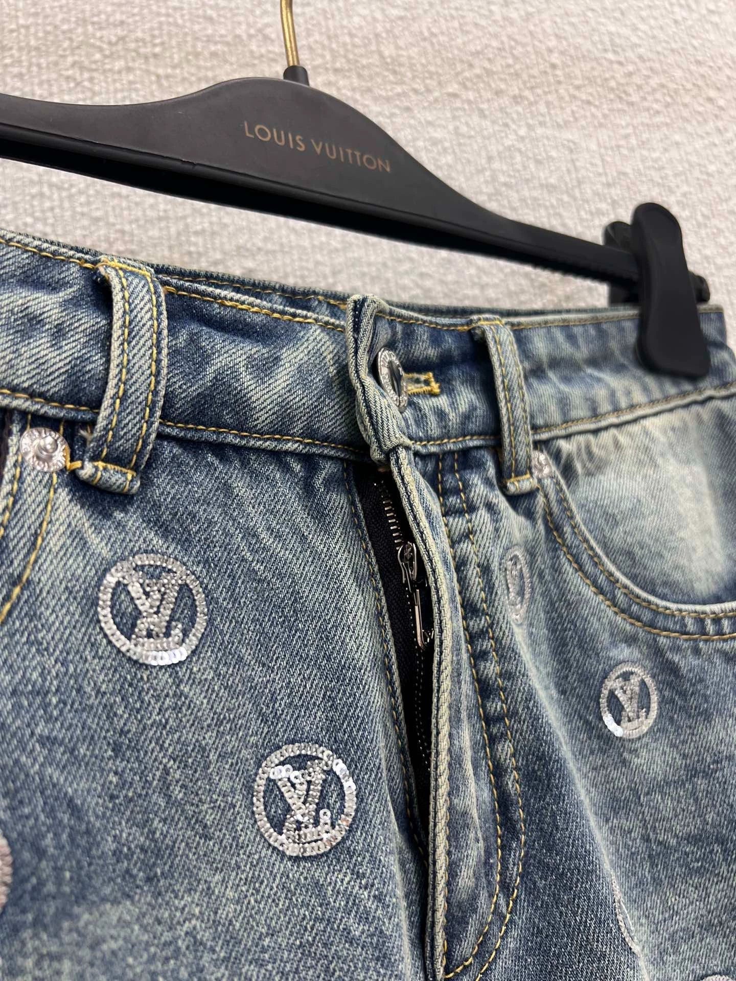 Monogram Sequin Wide-Leg Denim Pants