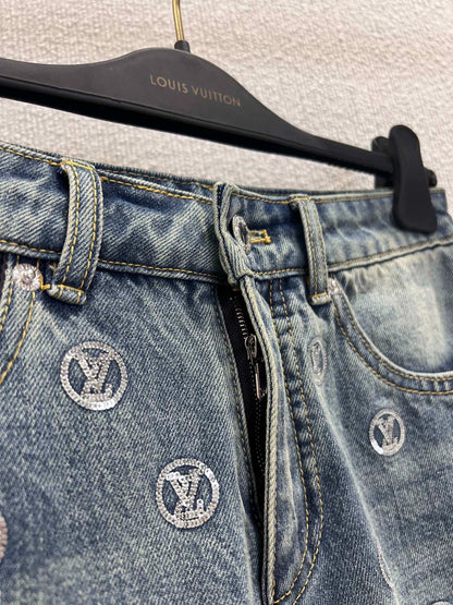 Monogram Sequin Wide-Leg Denim Pants