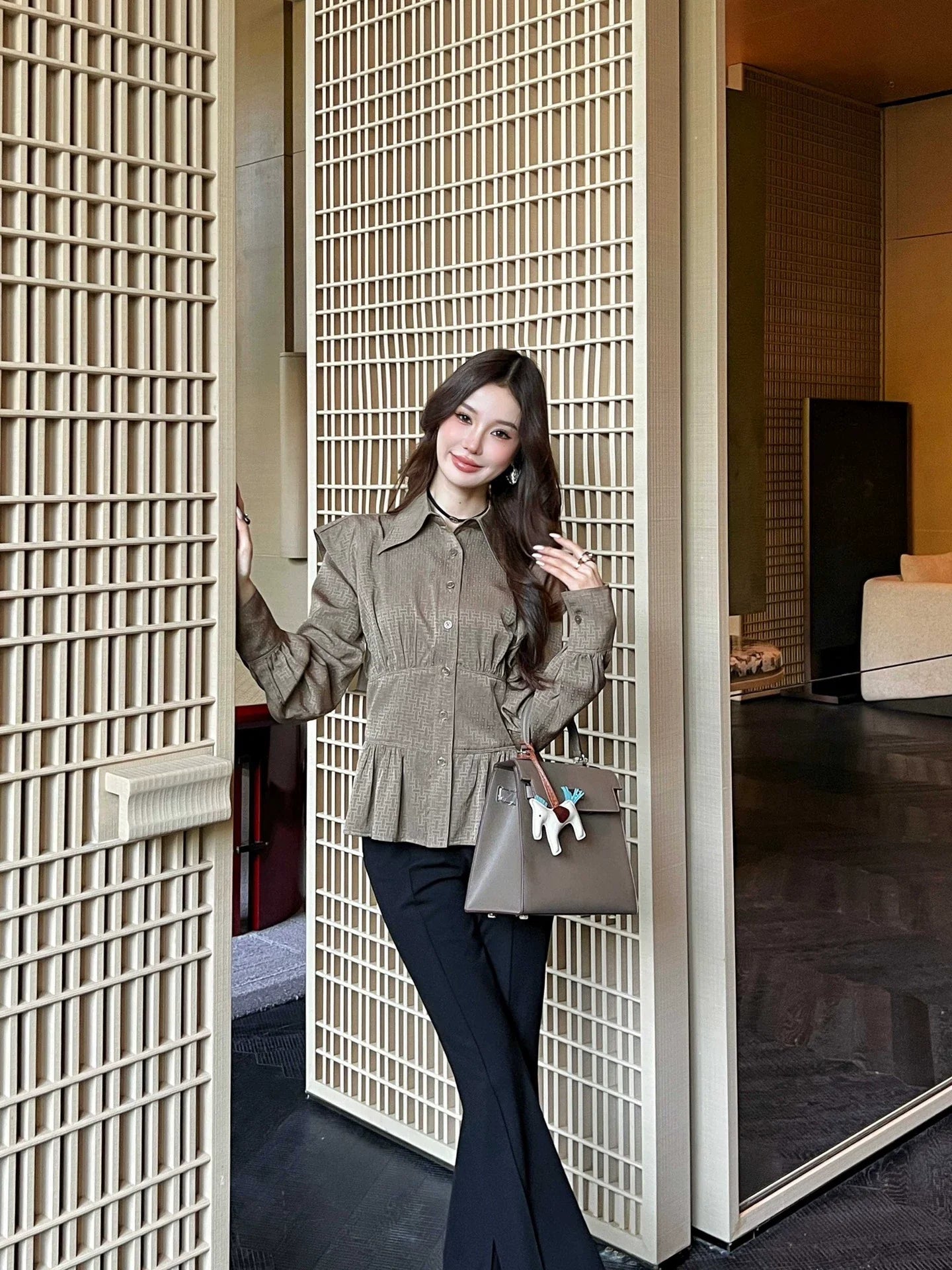 25fw Dark patterned jacquard waist cinched shirt