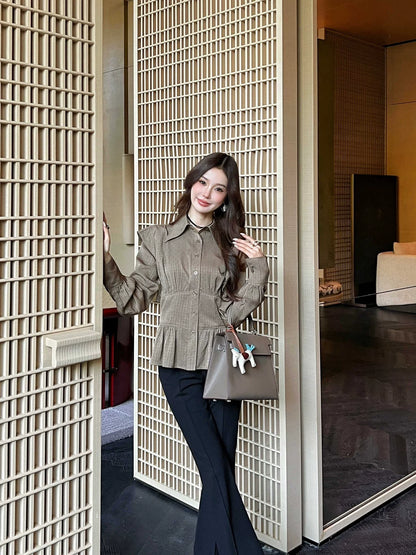 25fw Dark patterned jacquard waist cinched shirt