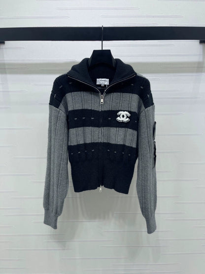 Stand up collar double zipper knitted cardigan