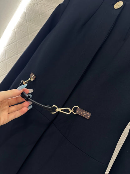 25fw Round neck leather chain buckle mid length jacket