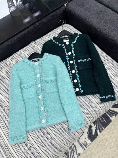 25fw Colorful gemstone decorated round neck jacket