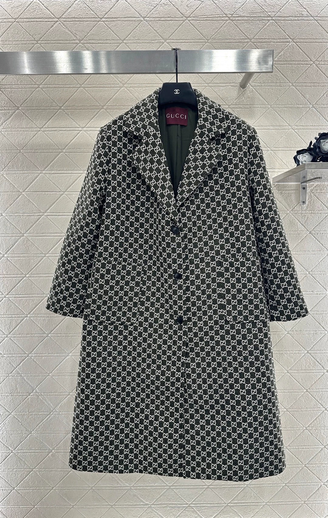 Flip collar jacquard long coat jacket