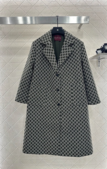 Flip collar jacquard long coat jacket