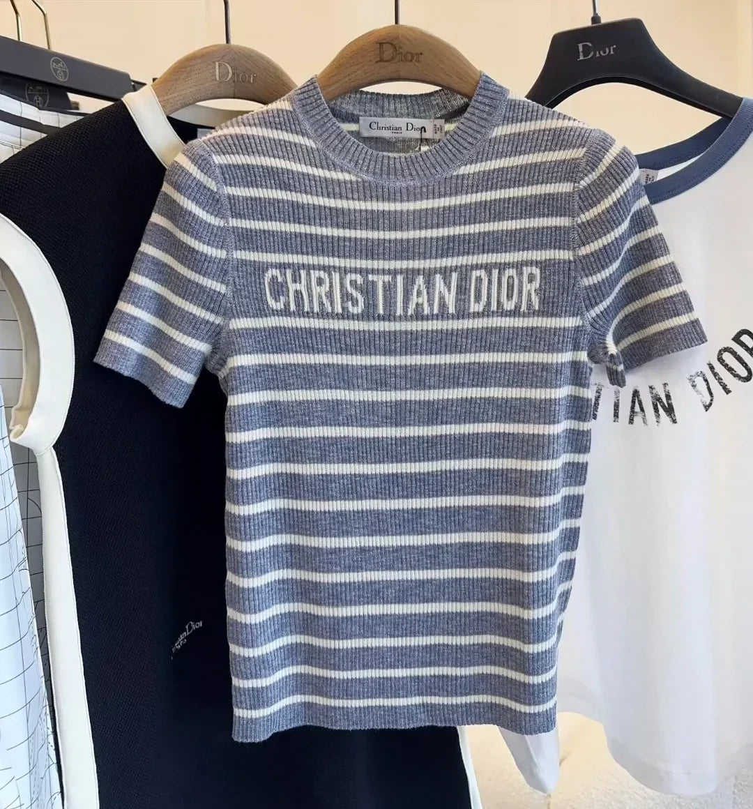 25 Summer new striped logo intarsia striped short-sleeved knitted top