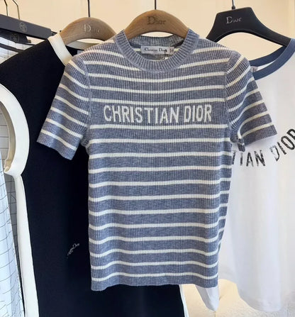 25 Summer new striped logo intarsia striped short-sleeved knitted top