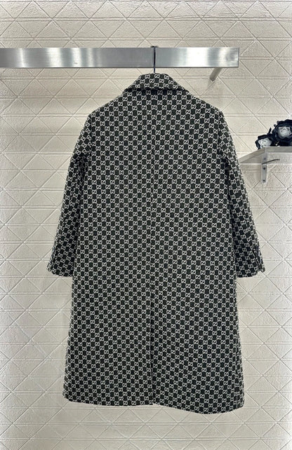 Flip collar jacquard long coat jacket