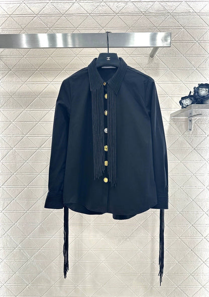Artistic collar button tassel long sleeved shirt