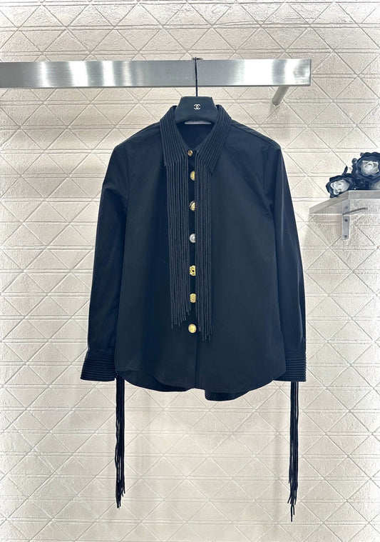 Artistic collar button tassel long sleeved shirt