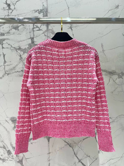 C 25 new plaid contrast color knitted V-neck cardigan ➕ round neck long sleeves